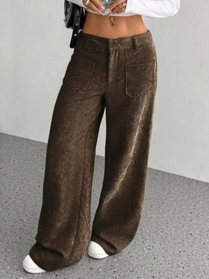 Brown corduroy wide-leg trousers with front pockets and a comfortable fit.