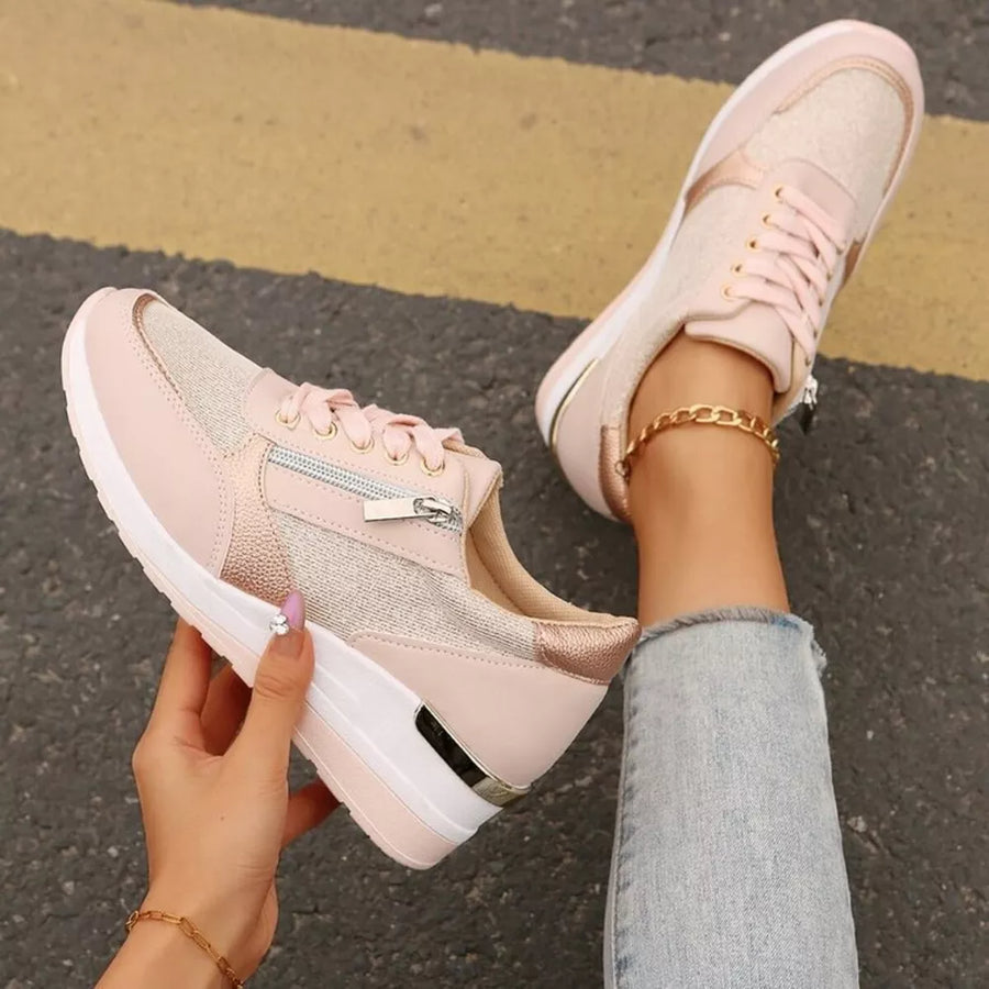Round Toe Lace Up Sneakers in Gold with round toe