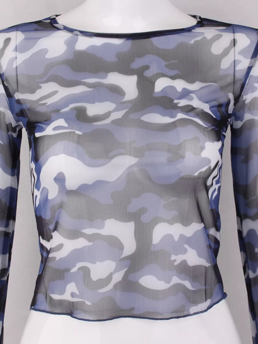 Sheer camouflage long sleeve tee in blue with a crew neck and body-hugging fit.