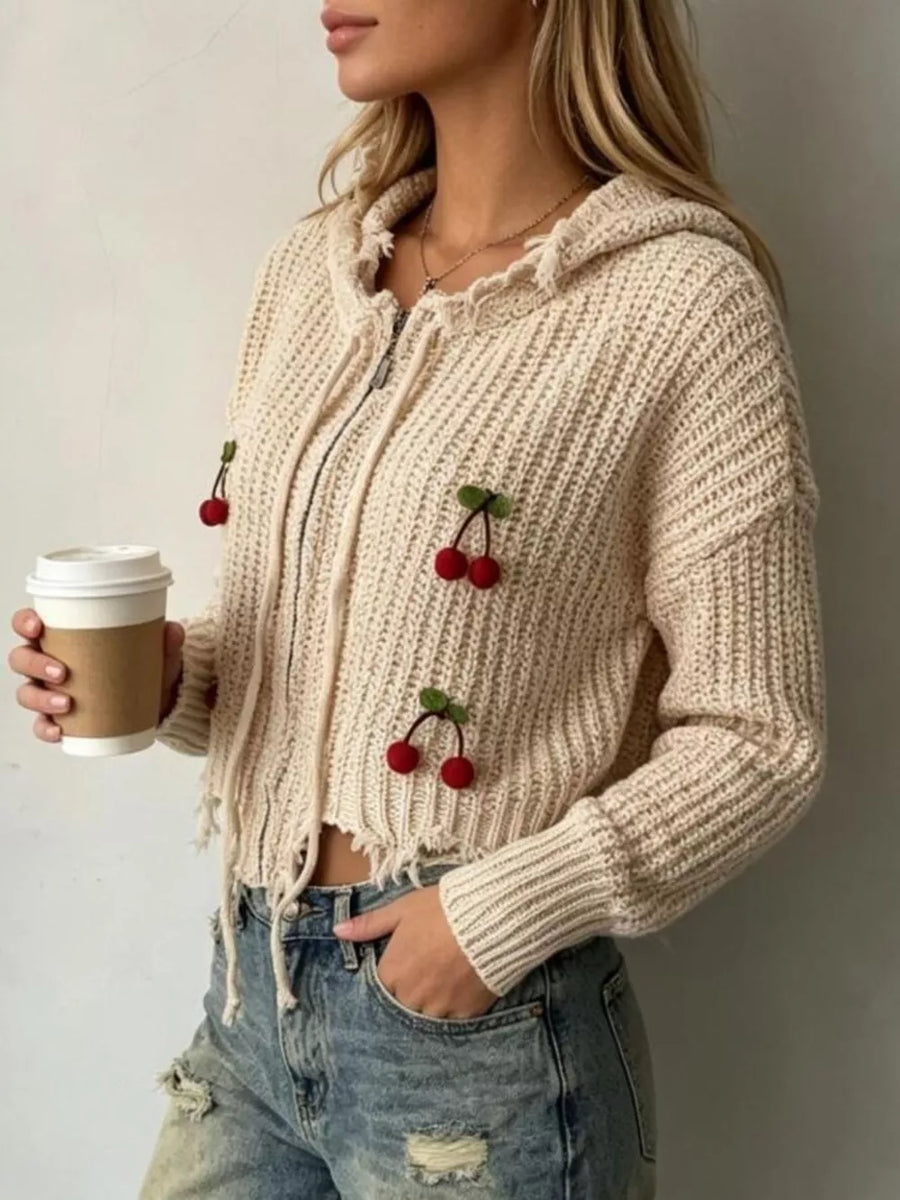 White Cherry Knit Zip-up Hooded Sweater