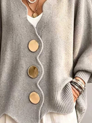 Full Size Scalloped-Edge Oversized Button-Down Cardigan in Navy
