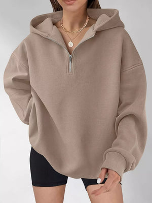 Red zip hoodie with hip-length and quarter-zip
