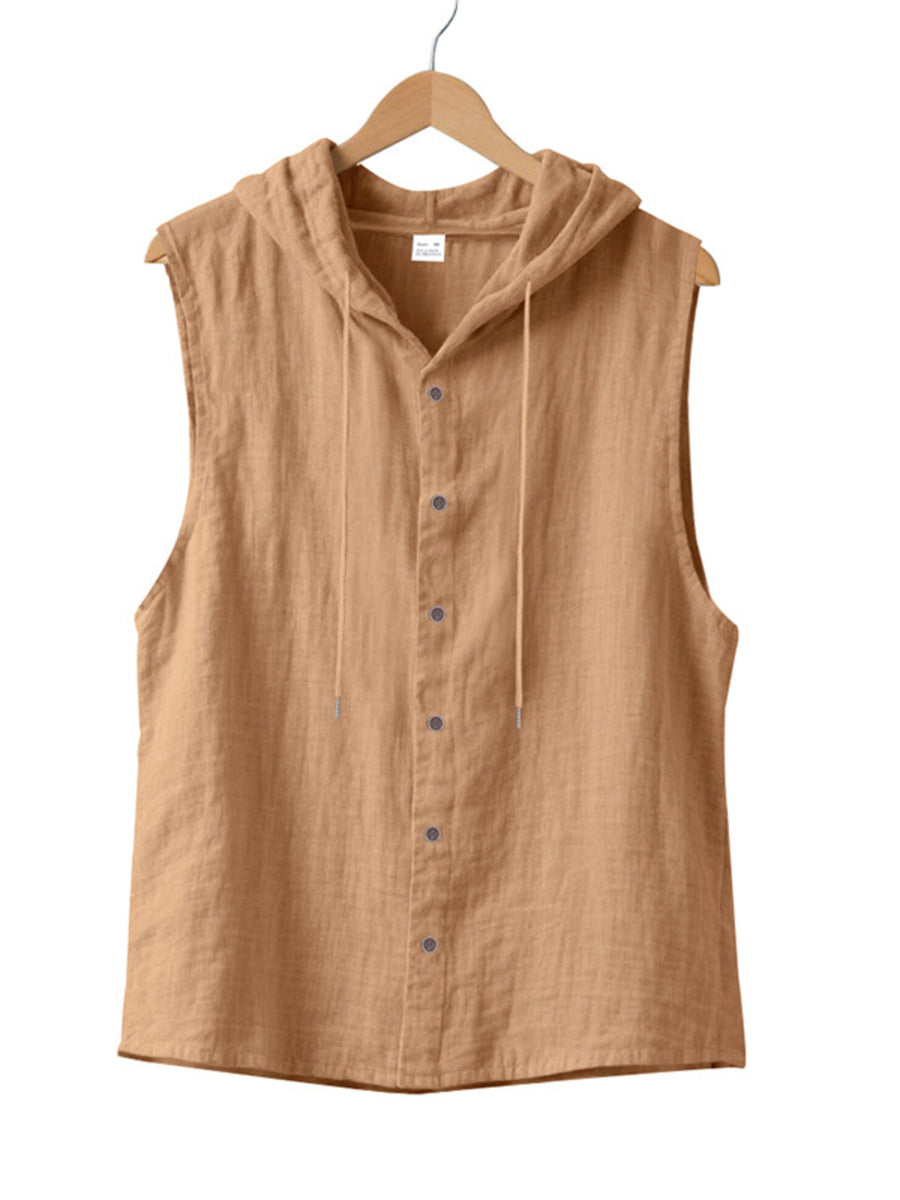 Casual hooded sleeveless shirt in light khaki cotton with button front and drawstring.
