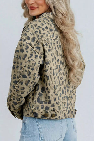 charcoal denim jacket featuring buttoned and leopard-print