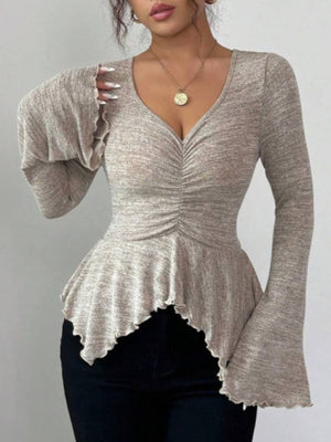Dark Gray fitted peplum top with v-neck