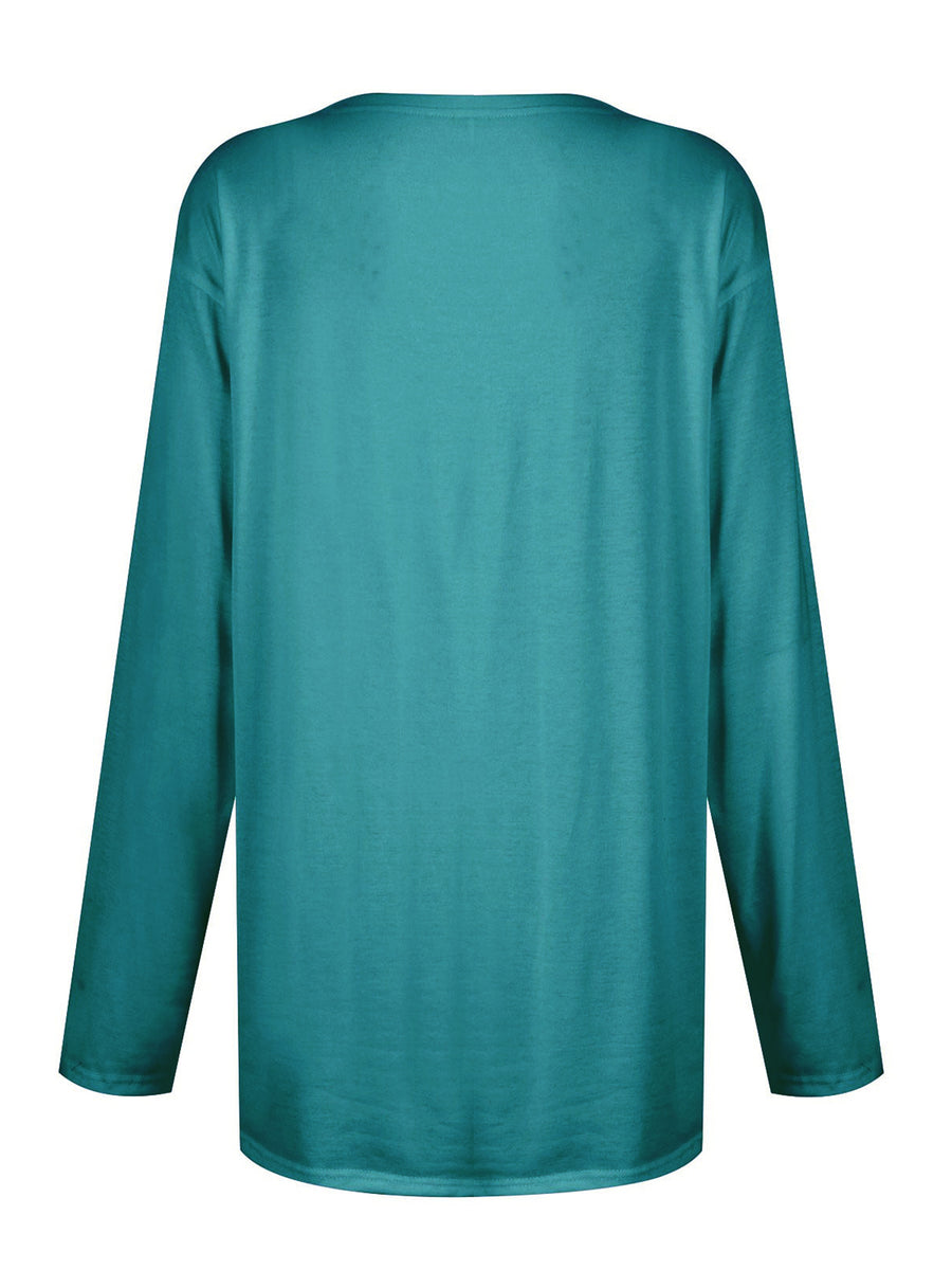 Teal long sleeve relaxed fit tunic with patch pockets, plain.