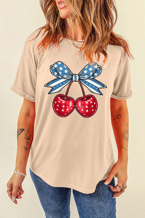 Tan graphic tee with patriotic cherry and bow print