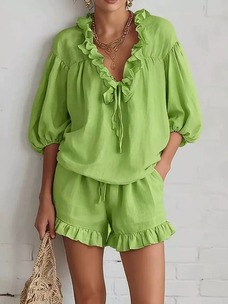 two-piece set in lime green featuring pocketed and relaxed fit