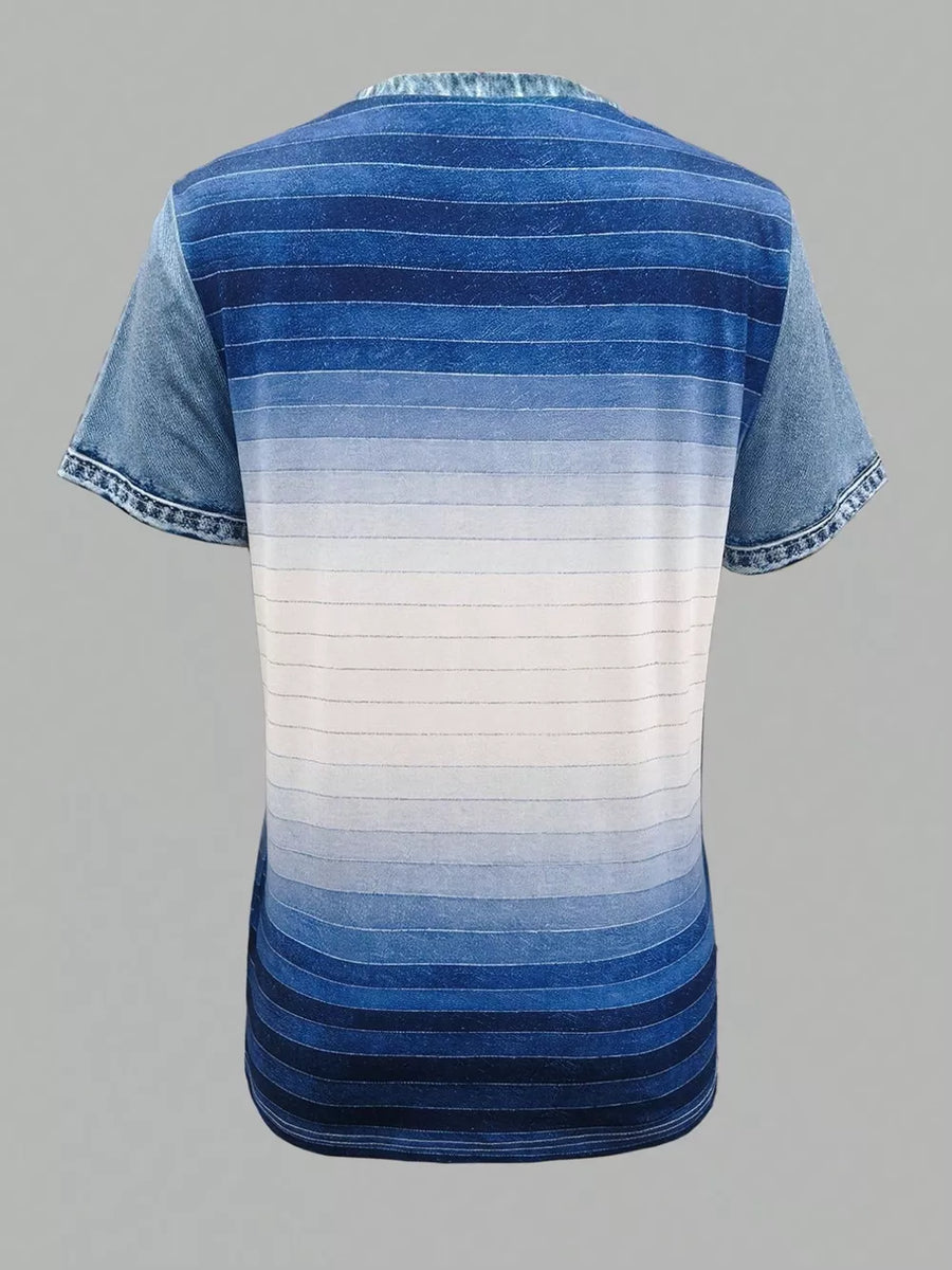 Contemporary denim patchwork blouse with ombre blue stripes and denim sleeves.