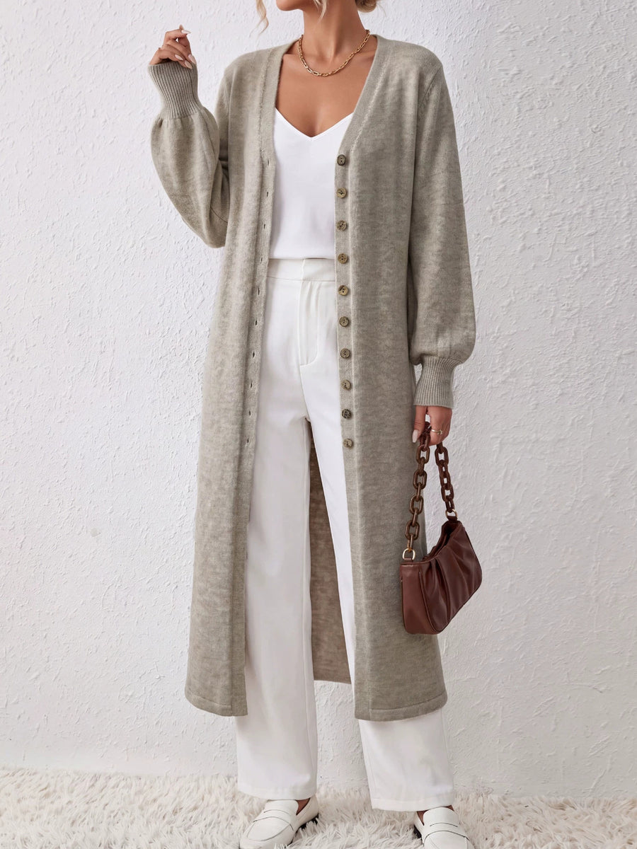 cardigan in greige featuring buttoned and relaxed fit
