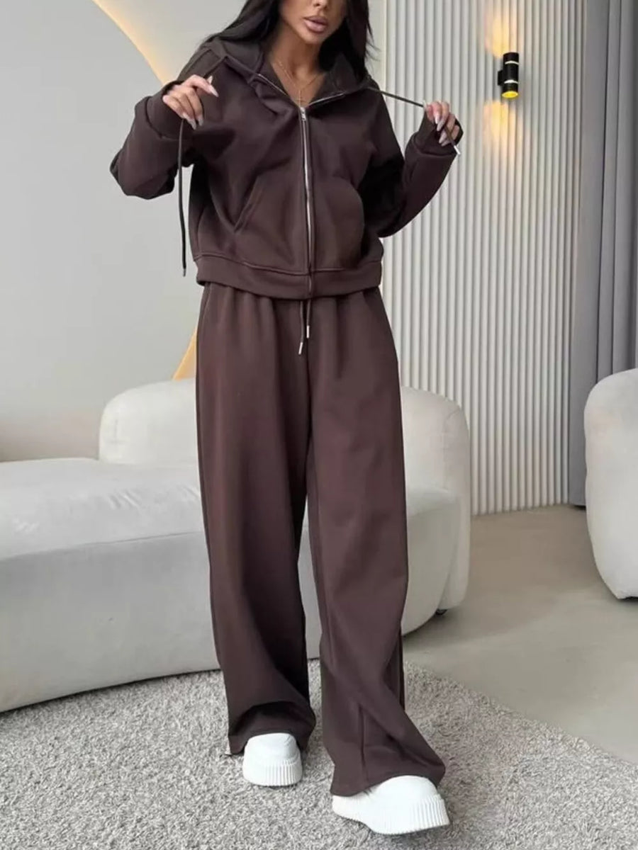 Brown relaxed, wide-leg lounge set with hooded