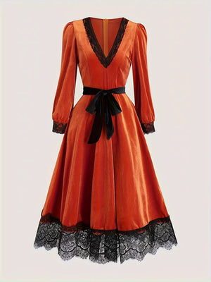 midi dress in rust featuring lace detail and A-line fit