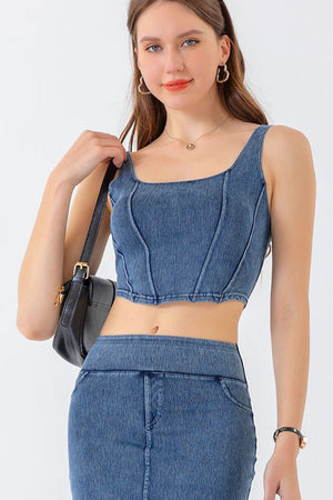 Denim corset crop top with square neckline and seamed detailing in Dusty Blue.
