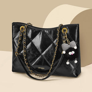 Large black quilted pu leather shoulder bag with diamond pattern and chain straps.