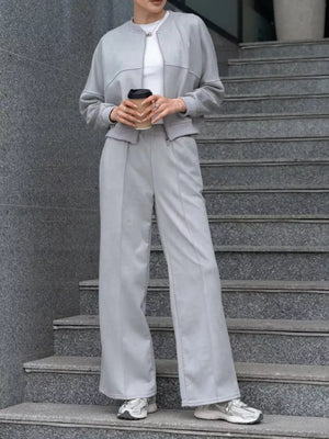 Zip Up Sweatshirt And Wide-leg Pants Set in Wine Red with pocketed