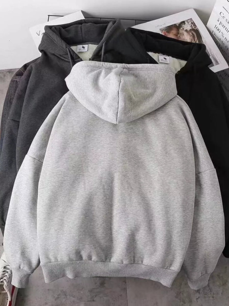 Men's gray fleece-lined zip-up hoodie with a hood and ribbed cuffs.