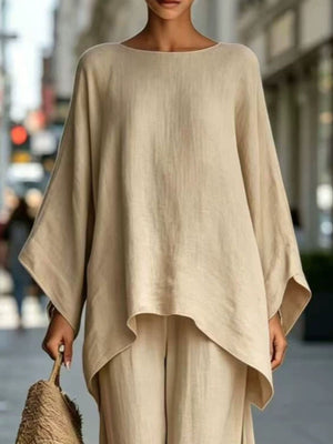 cream loose two-piece set with boat neck