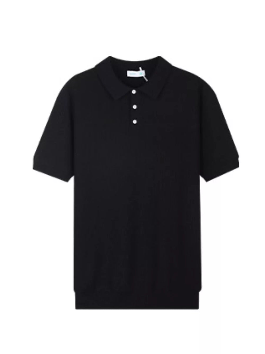 Black ribbed short sleeve polo shirt with classic collar and three white buttons.