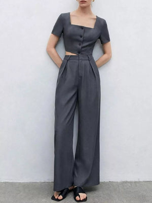 Chic square neck buttoned crop top and wide leg pleated pants set in charcoal grey.