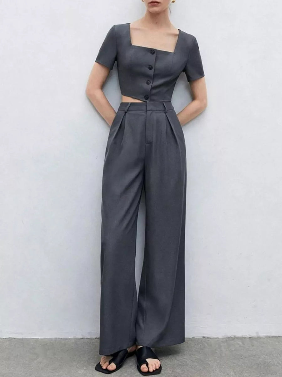 Chic square neck buttoned crop top and wide leg pleated pants set in charcoal grey.