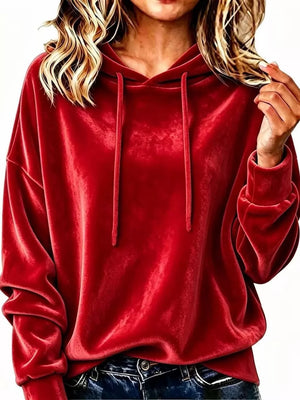 Full Size Drawstring Velvet Long Sleeve Hoodie in Black