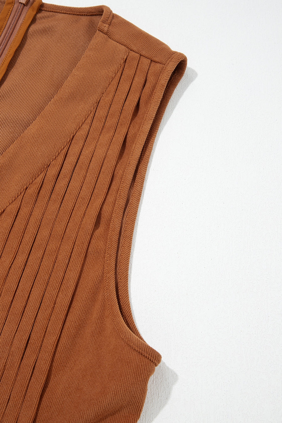 Solid Color Tie V Neck Sleeveless Corduroy Romper in Caramel with tied