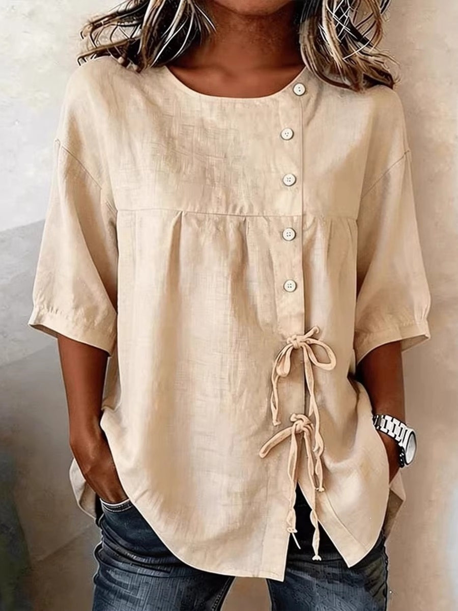Khaki Color blouse with hip-length and button-front