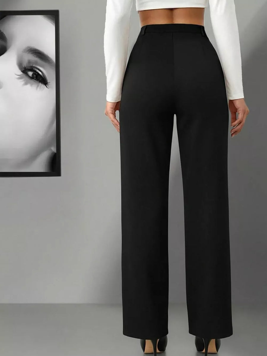 Black wide-leg maternity trousers with a high waist and a smooth finish.