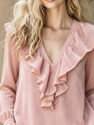 Velvet Ruffle V-Neck Blouse Plus Size in White with ruffled