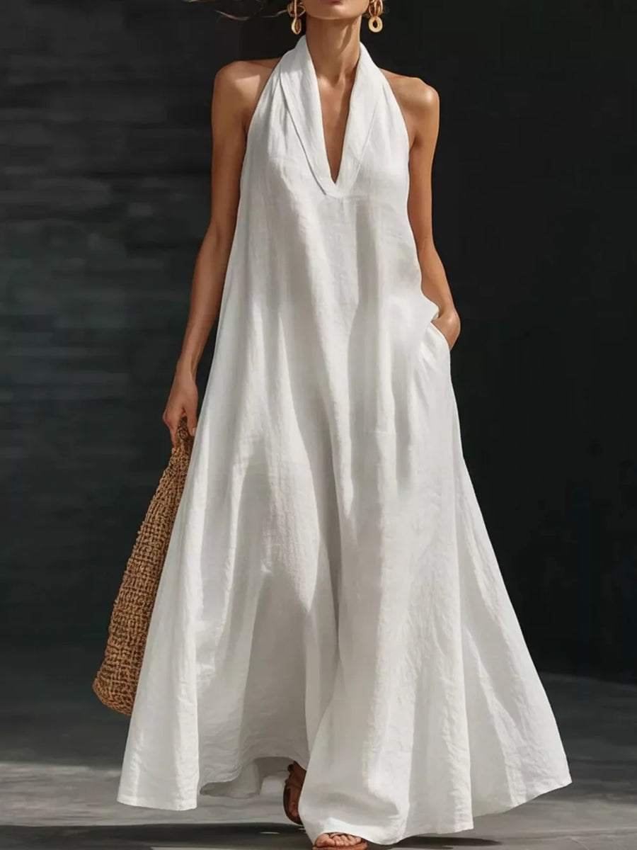 White halter neck maxi dress with pockets, 100% polyester, V-neck, flowy skirt