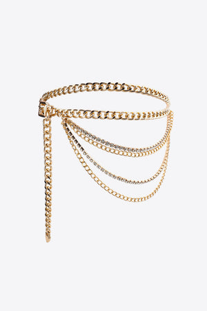 Gold layered chain belt with crystal embellishments and a long chain drop.