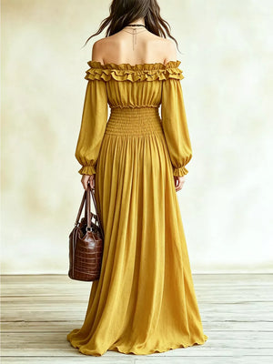 Off-shoulder Ruffled Maxi Dress With Smocked Waist in Beige