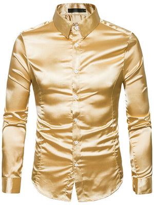 button-up shirt in gold featuring button cuffs and slim fit