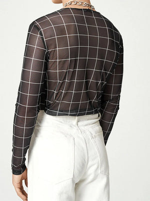 Black grid-print sheer mesh long sleeve top with a crew neck.