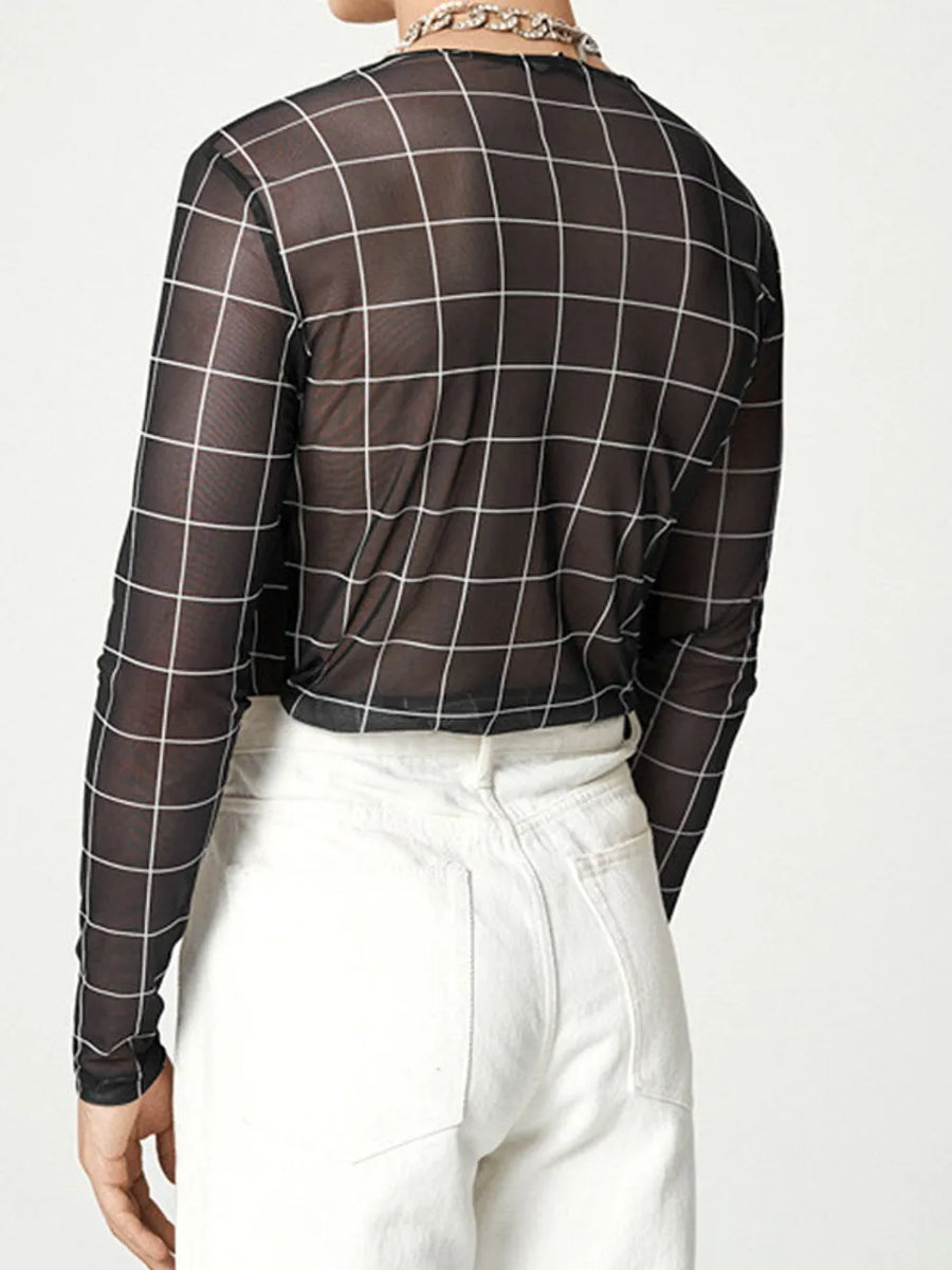 Black grid-print sheer mesh long sleeve top with a crew neck.