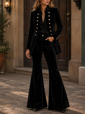 Velvet Double-Breasted Blazer And Flare Pants Set in Purple with buttoned