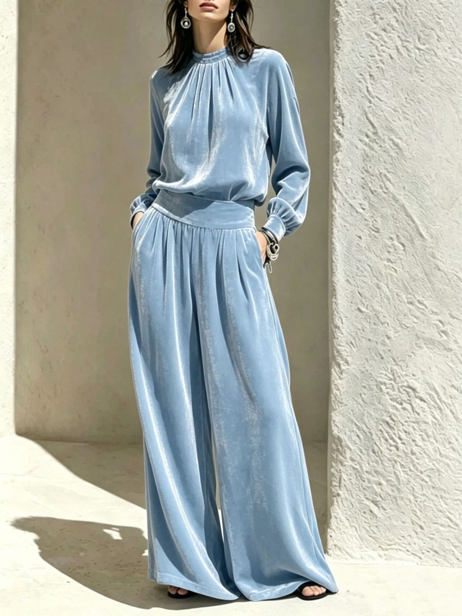 matching set in powder blue featuring pocketed and relaxed fit