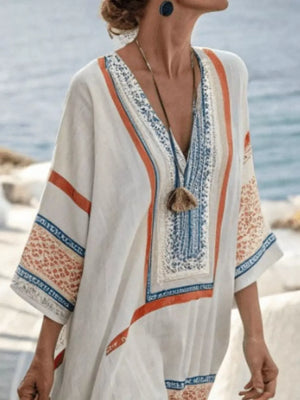 terracotta maxi dress featuring v-neck and geometric