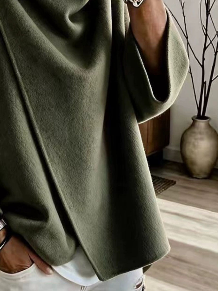 Full Size Asymmetric Cowl Neck Cape Plus Size Sweater in Coffee Brown with buttoned