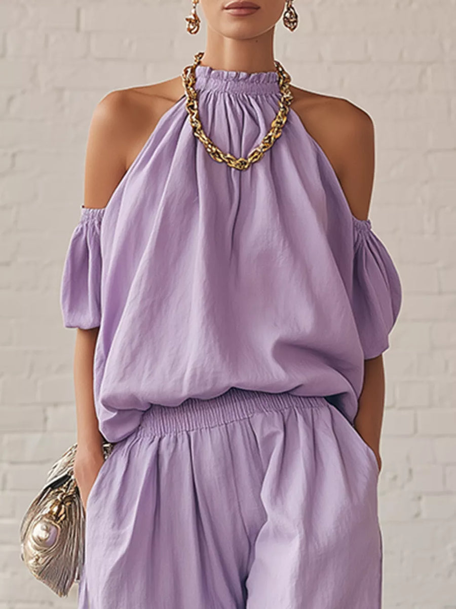 lavender two-piece set with hip-length (top), full-length (pants) and pullover, elastic