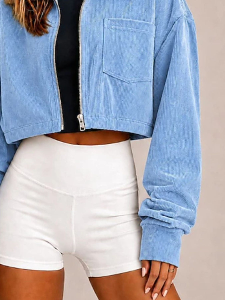 Corduroy Zip Up Cropped Jacket in Sky Blue