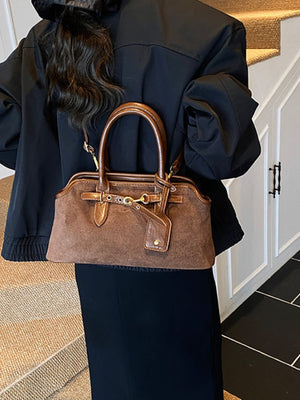Vintage Buckle Detail Suede Handbag Tote Bag in Coffee Brown with buckle detail