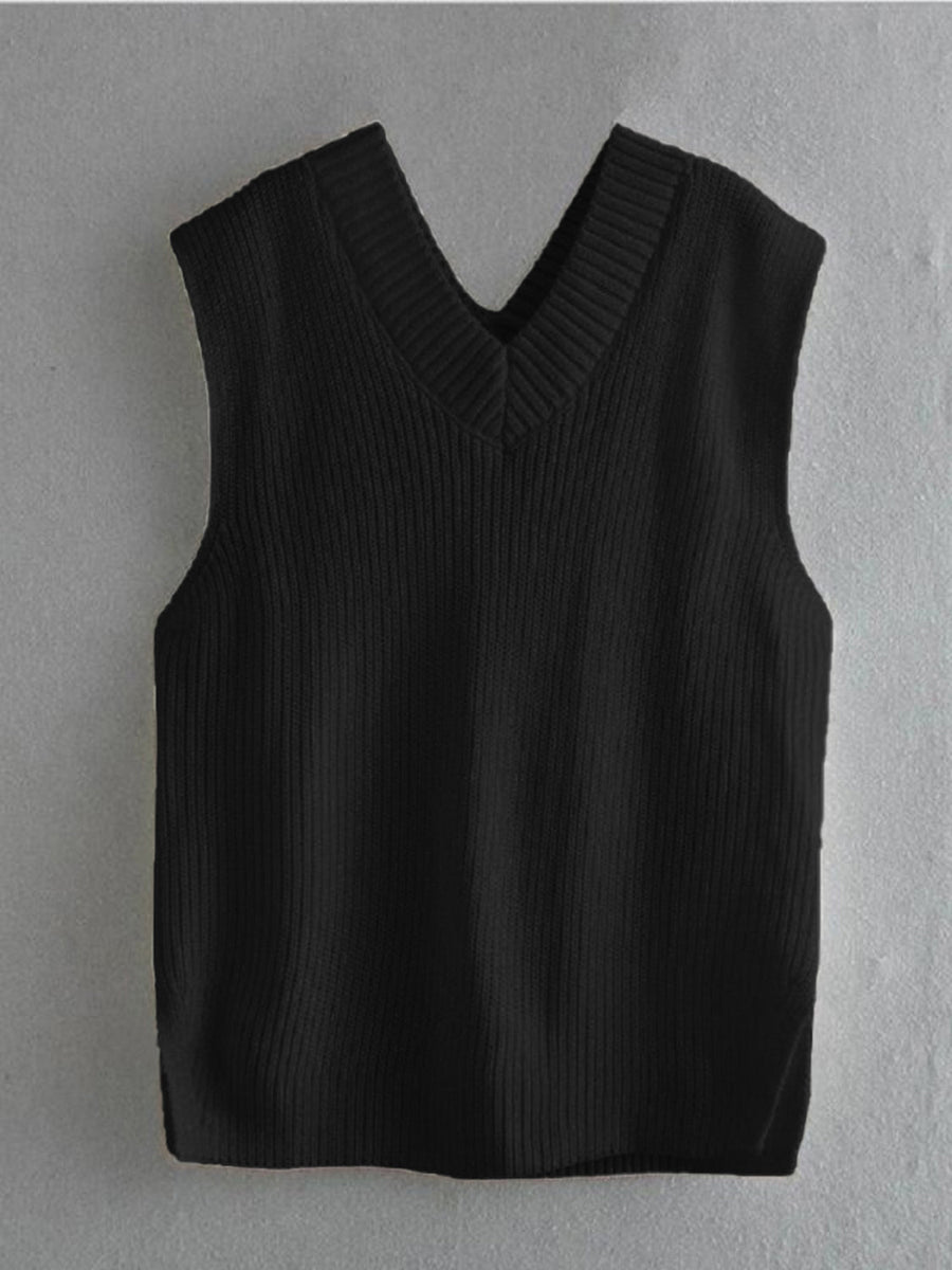 Black textured knit vest with V-neck and asymmetric hem