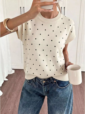cream pullover sweater with polka dot and crew neck