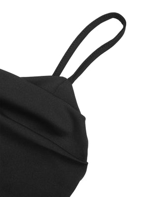 Black maternity romper with ruched detail and spaghetti straps