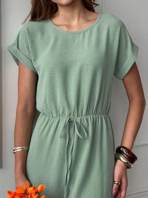Casual Drawstring Waist Midi Dress in Deep Rose, view 15