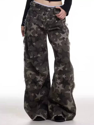 Star-embellished distressed wide-leg jeans in dark grey cotton with raw hems.