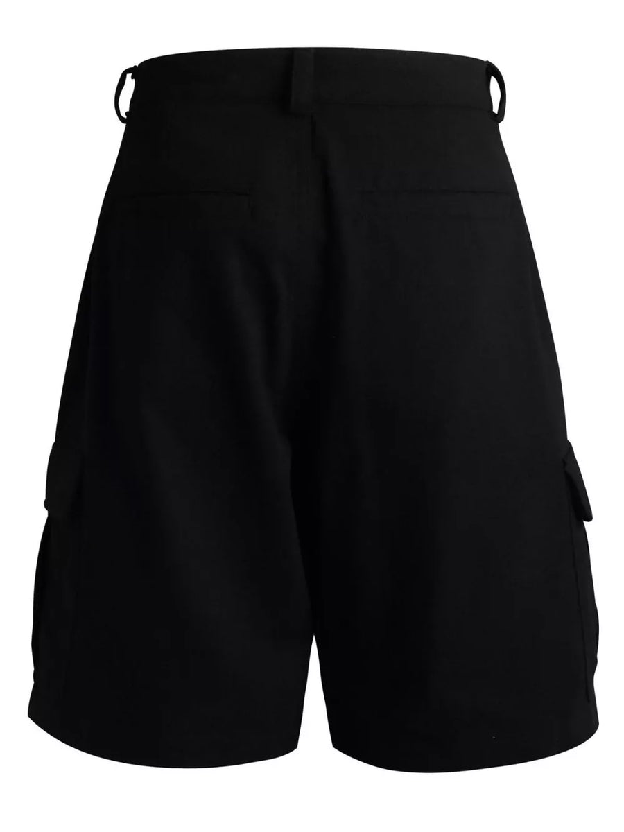 Black cargo shorts for men with button flap pockets and adjustable waist tabs.