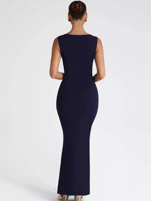 Navy blue bodycon maxi dress with square neck and sleeveless design.