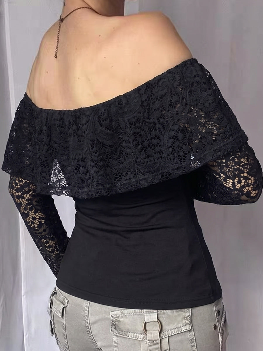 off-shoulder top in Black with lace and lace